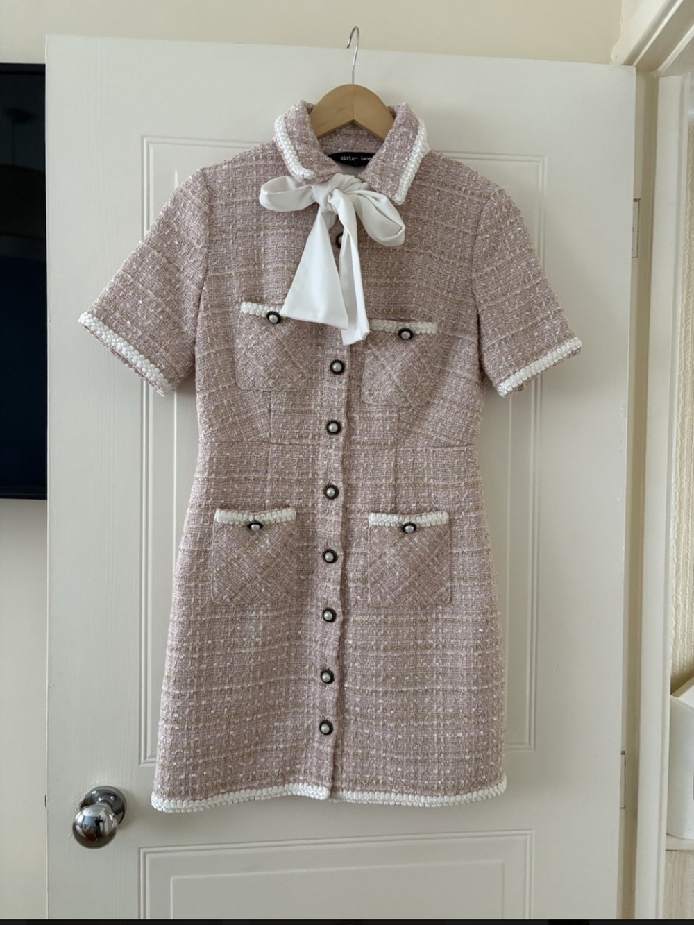 Sister Jane Blush Pink Tweed Bow-Collar Mini Dress
